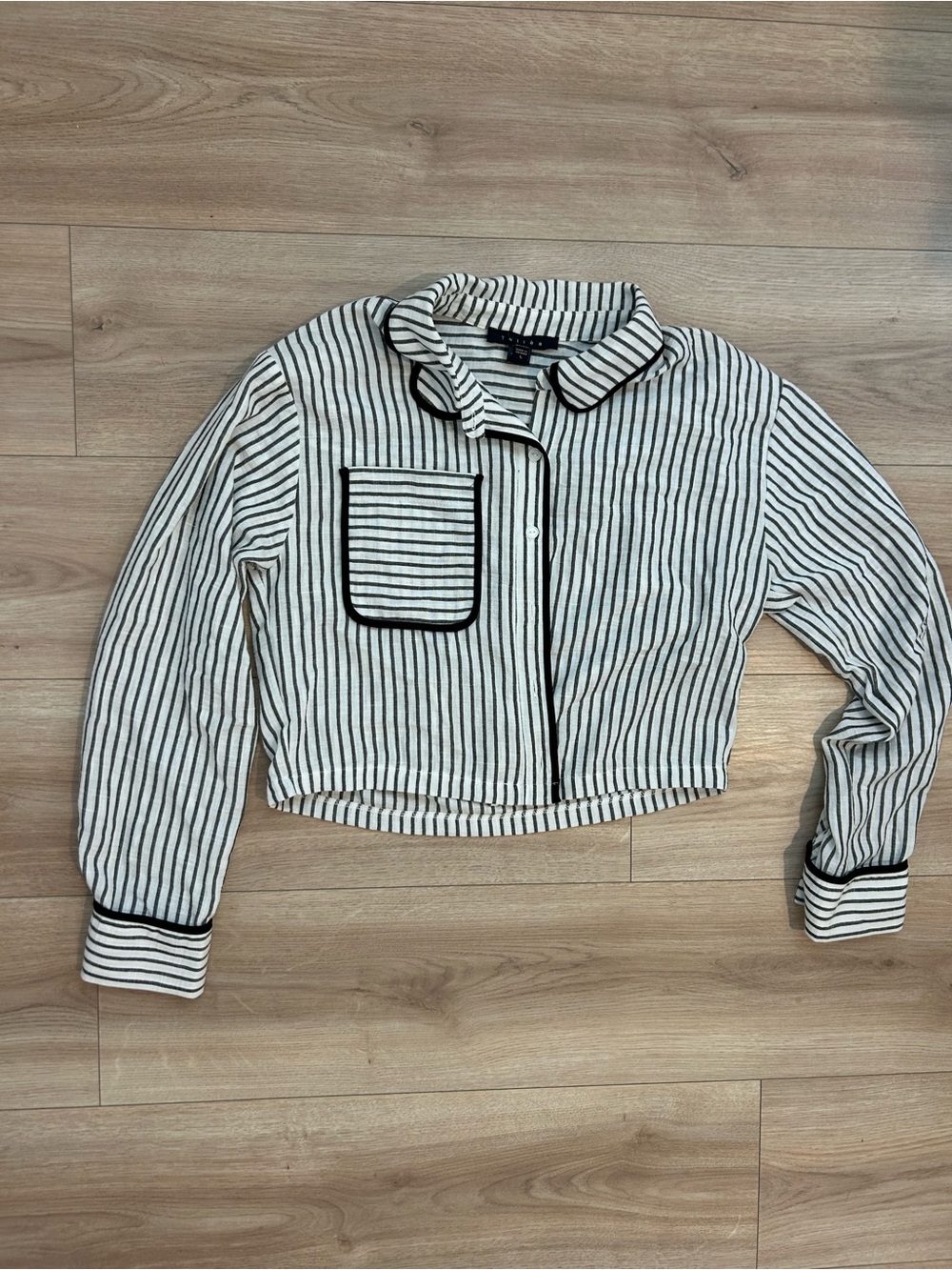 Striped Black & White Cropped Button-Front Blouse